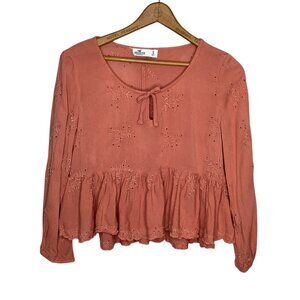 Hollister Small S Orange Eyelet Lace Embroidered Ruffle Peplum Babydoll Crop Top